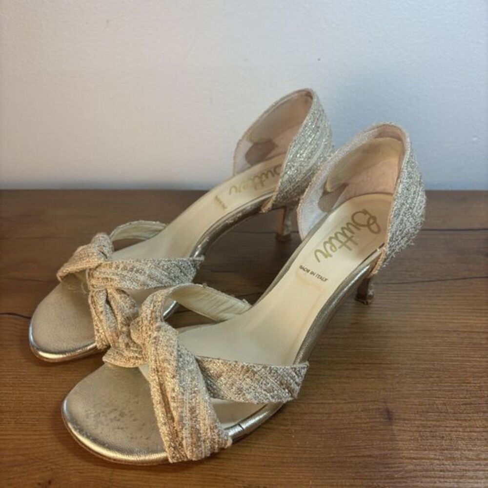 Butter Womens Open Toe Pump Bow Gold Woven Made in Italy Heels Shoes Size 7.5
